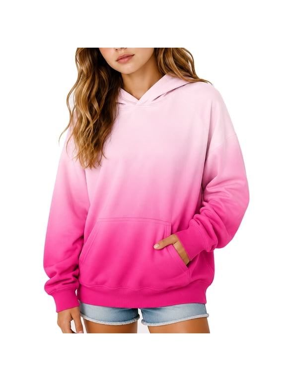 Hoodies For Teen Girls Cute Oversized Gradient Sweatshirts Long Sleeve Pullover Fall Winter Clothes, Pink Size 7-8