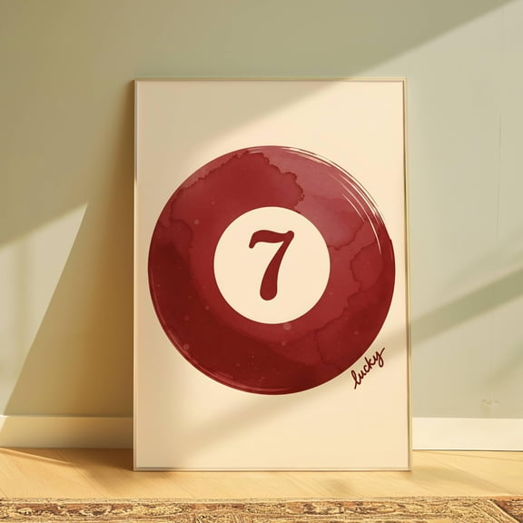 lucky 7 Pool Ball Print Wall Art Red Billiards Poster For Game Room Decor