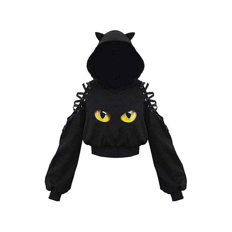 luethbiezx Women Cute Cat Ear Hoodie Hollow Out Long Sleeve Black Punk Goth Sweatshirts Walmart