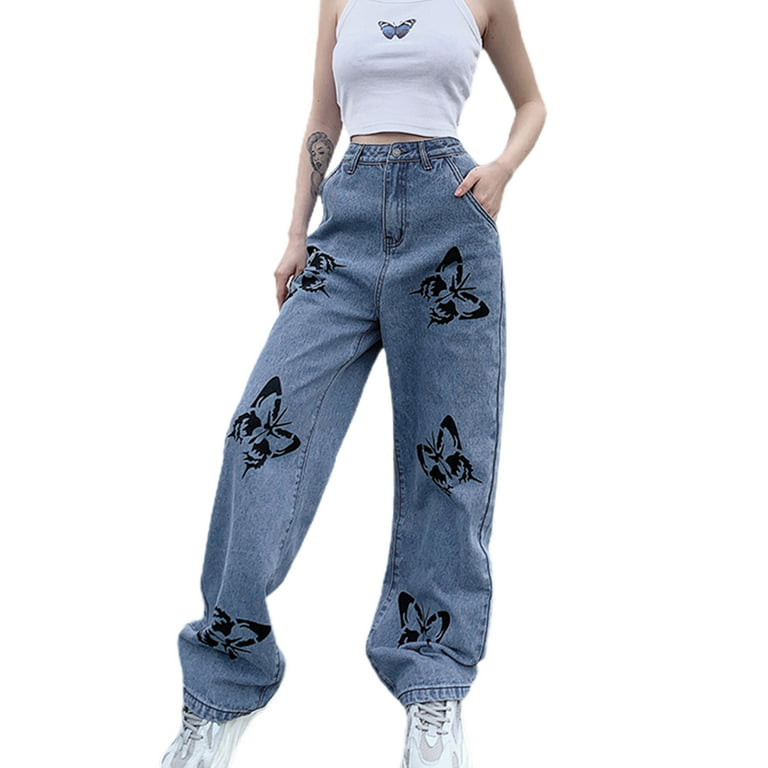 luethbiezx Women's High Waisted Pants Stretch Wide Leg Bootcut Jeans  Butterfly Loose Casual Baggy Trousers