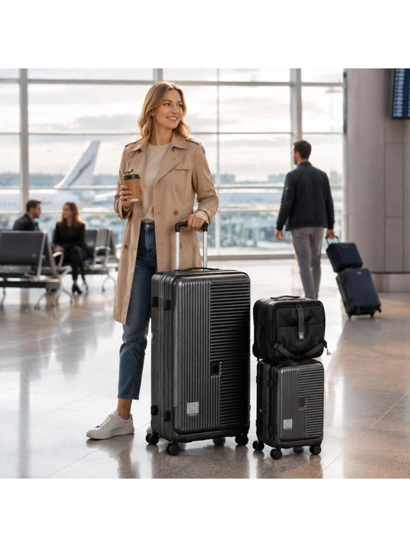 luggage set, 3-piece hard shell, front opening, TSA combination lock, expandable