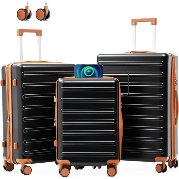 luggage sets 3 count with Spinner Wheel, PC Material Lightweight Durable,Expandable Carry Travel Hardside Suitcase sets with TSA Lock for Men and Women (Black+brown)
