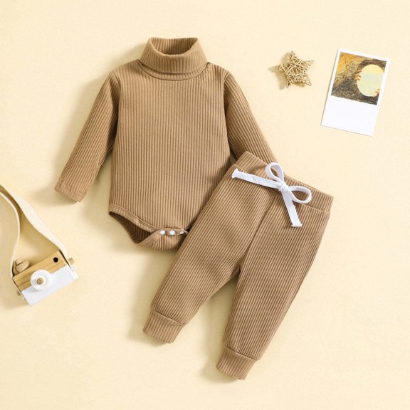lulshou (0-24Months) Toddler Kids Boys Girls Fall Winter Outfit Fashion Cute Solid Color Long Sleeve High Necked Top Romper Pants Two Piece Set, Khaki