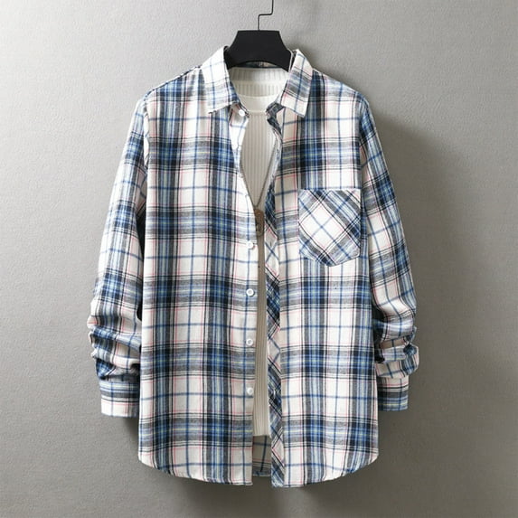 lulshou 2025 Plaid Shirt Men for Man Saving Men's Flannel Shirts Casual Button Down Plaid Shirt Jacket Long Sleeve Fleece Shacket with Pockets Blue-XL