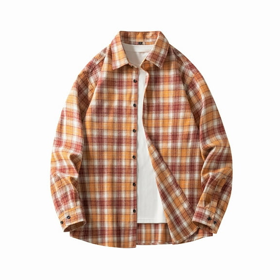 lulshou 2025 Plaid Shirt Men for Man Saving Men's Flannel Shirts Casual Button Down Plaid Shirt Jacket Long Sleeve Fleece Shacket with Pockets Orange-L
