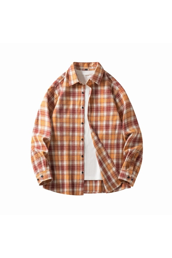 2025 Plaid Shirt Men for Man Saving Men's Flannel Shirts Casual Button Down Plaid Shirt Jacket Long Sleeve Fleece Shacket with Pockets Orange-M