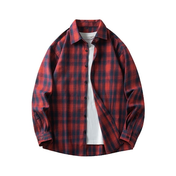 lulshou 2025 Plaid Shirt Men for Man Saving Men's Flannel Shirts Casual Button Down Plaid Shirt Jacket Long Sleeve Fleece Shacket with Pockets Red-2XL