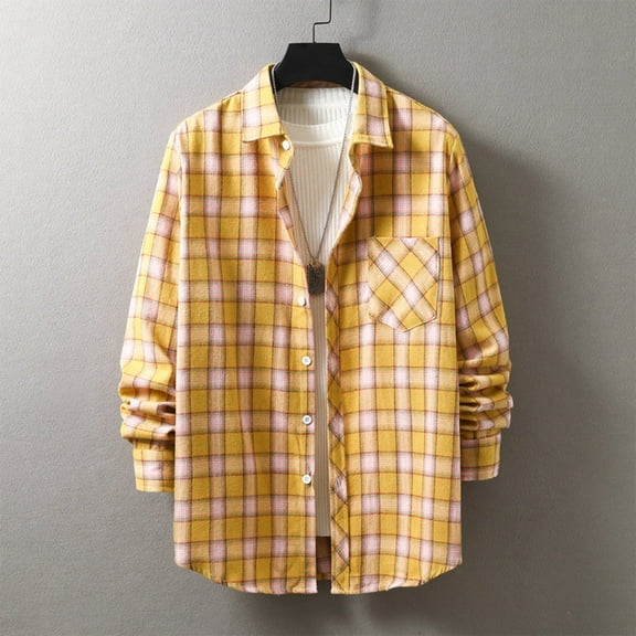 lulshou 2025 Plaid Shirt Men for Man Saving Men's Flannel Shirts Casual Button Down Plaid Shirt Jacket Long Sleeve Fleece Shacket with Pockets Yellow-2XL