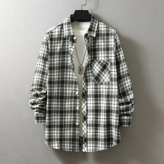 lulshou 2025 Plaid Shirt Men for Man Saving Mens Flannel Shirts Jackets Long Sleeve Plaid Shirts Cotton Button Down Contrast Color with Pockets Gray-L