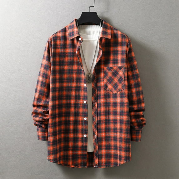 lulshou 2025 Plaid Shirt Men for Man Saving Mens Flannel Shirts Jackets Long Sleeve Plaid Shirts Cotton Button Down Contrast Color with Pockets Orange-2XL