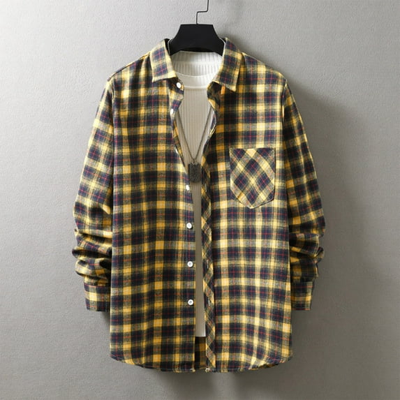lulshou 2025 Plaid Shirt Men for Man Saving Mens Flannel Shirts Jackets Long Sleeve Plaid Shirts Cotton Button Down Contrast Color with Pockets Yellow-2XL