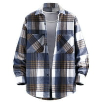 lulshou 2025 Plaid Shirt Men for Man Saving Men's Casual Cotton Plaid Shirts Long Sleeve Button-Down Flannel Overshirt Jacket Blue-2XL