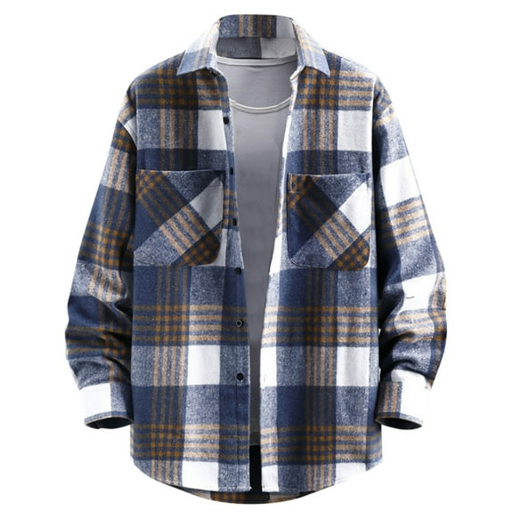 lulshou 2025 Plaid Shirt Men for Man Saving Men's Casual Cotton Plaid Shirts Long Sleeve Button-Down Flannel Overshirt Jacket Blue-2XL