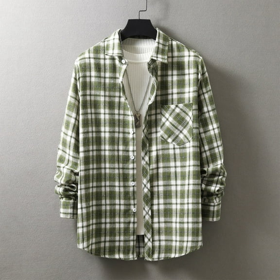 lulshou 2025 Plaid Shirt Men for Man Saving Men's Casual Cotton Plaid Shirts Long Sleeve Button-Down Flannel Overshirt Jacket Green-L