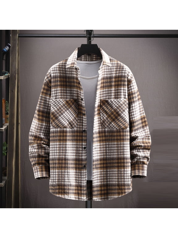 2025 Plaid Shirt Men for Man Saving Men's Casual Cotton Plaid Shirts Long Sleeve Button-Down Flannel Overshirt Jacket Khaki-4XL