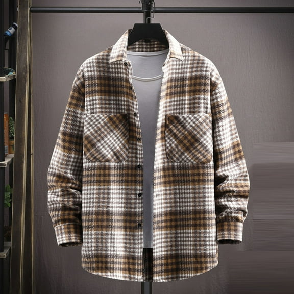 lulshou 2025 Plaid Shirt Men for Man Saving Men's Casual Cotton Plaid Shirts Long Sleeve Button-Down Flannel Overshirt Jacket Khaki-M