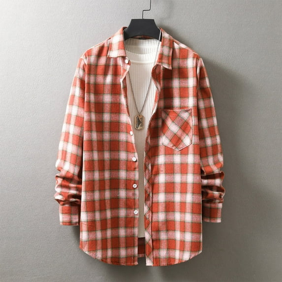 lulshou 2025 Plaid Shirt Men for Man Saving Men's Casual Cotton Plaid Shirts Long Sleeve Button-Down Flannel Overshirt Jacket Orange-L