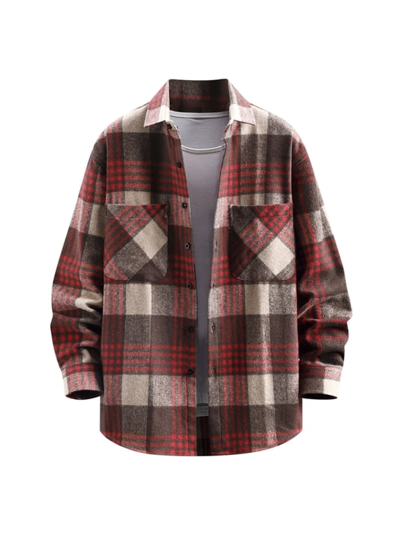 2025 Plaid Shirt Men for Man Saving Men's Casual Cotton Plaid Shirts Long Sleeve Button-Down Flannel Overshirt Jacket Red-2XL