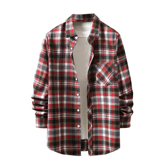 lulshou 2025 Plaid Shirt Men for Man Saving Men's Casual Cotton Plaid Shirts Long Sleeve Button-Down Flannel Overshirt Jacket Red-L