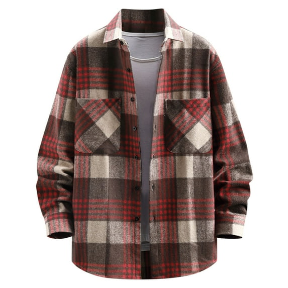 lulshou 2025 Plaid Shirt Men for Man Saving Men's Casual Cotton Plaid Shirts Long Sleeve Button-Down Flannel Overshirt Jacket Red-XL