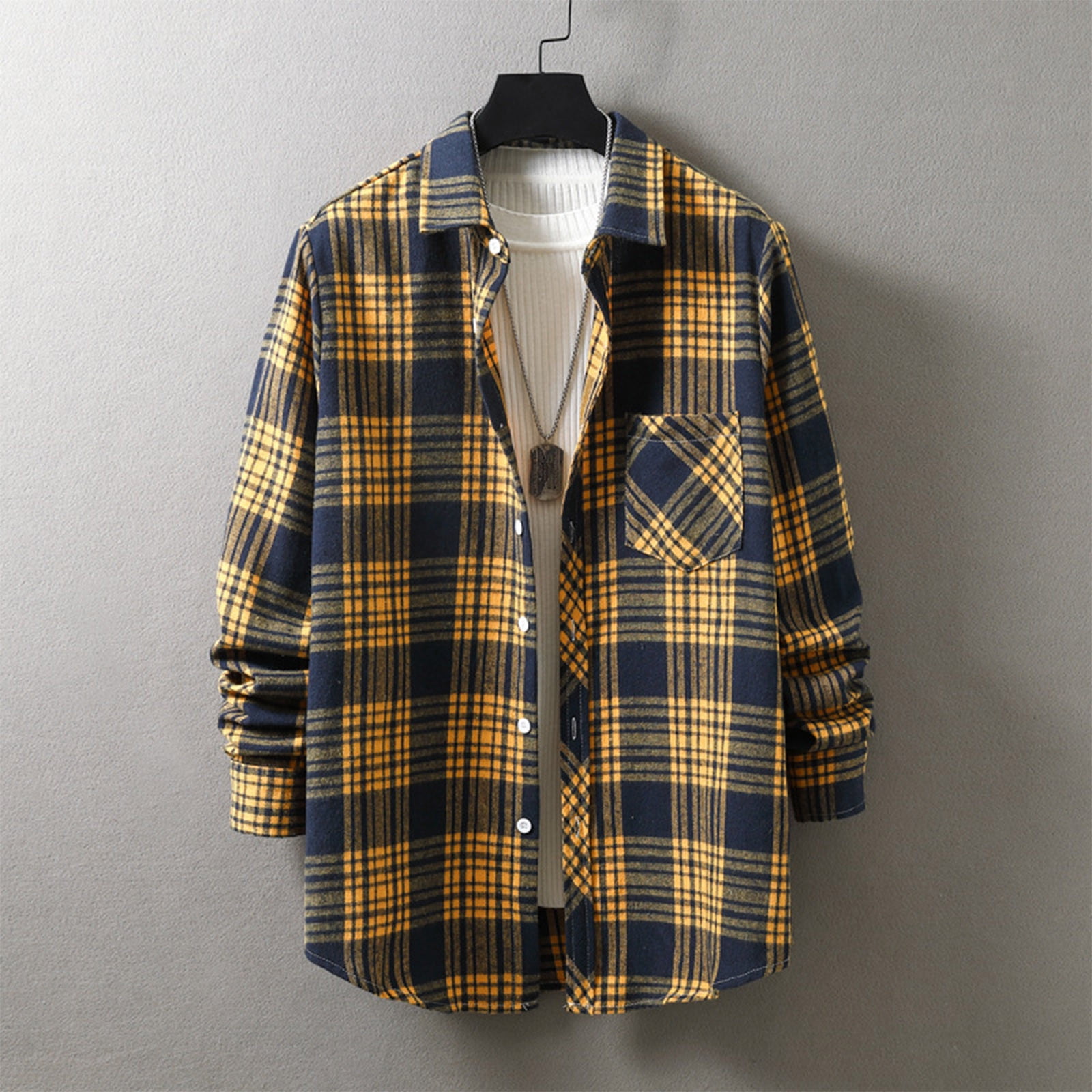 lulshou 2025 Plaid Shirt Men for Man Saving Men's Casual Cotton Plaid  Shirts Long Sleeve Button-Down Flannel Overshirt Jacket Yellow-2XL