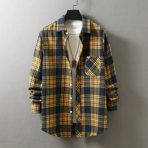 lulshou 2025 Plaid Shirt Men for Man Saving Men's Casual Cotton Plaid Shirts Long Sleeve Button-Down Flannel Overshirt Jacket Yellow-2XL