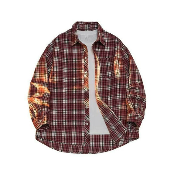 lulshou 2025 Plaid Shirt Men for Man Saving Men's Casual Dress Long Sleeve Buffalo Plaid Checkered Fitted Flannel Shirt Red-2XL