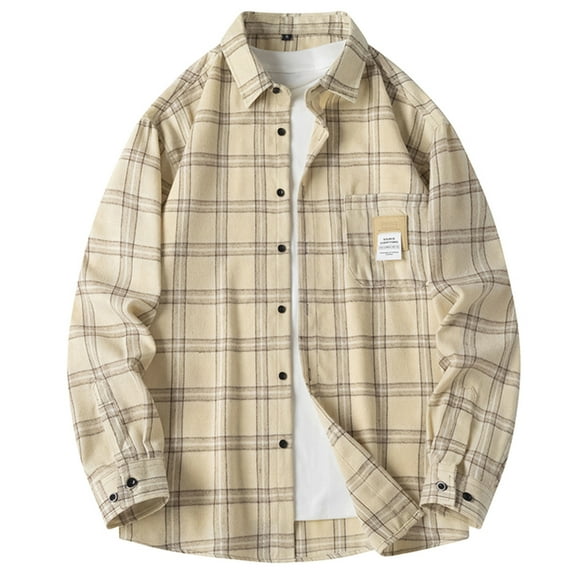 lulshou 2025 Plaid Shirt Men for Man Saving Men's Plaid Shirt Jacket -Long Sleeved Quilt Lined Brushed Flannel Rugged Shirt Khaki-L