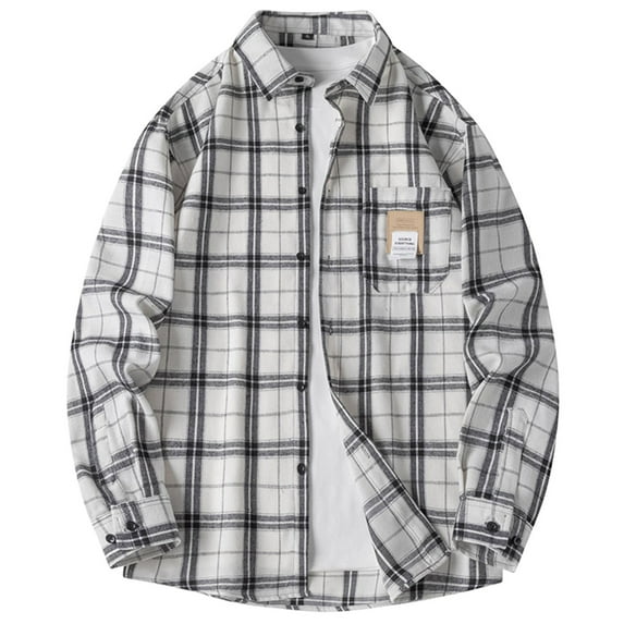 lulshou 2025 Plaid Shirt Men for Man Saving Men's Plaid Shirt Jacket -Long Sleeved Quilt Lined Brushed Flannel Rugged Shirt White-4XL