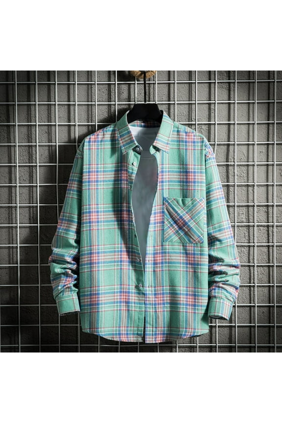 2025 Plaid Shirt Men for Man Saving Mens Button Down Shirts Regular Fit Long Sleeve Casual Plaid Flannel Shirt Green-L