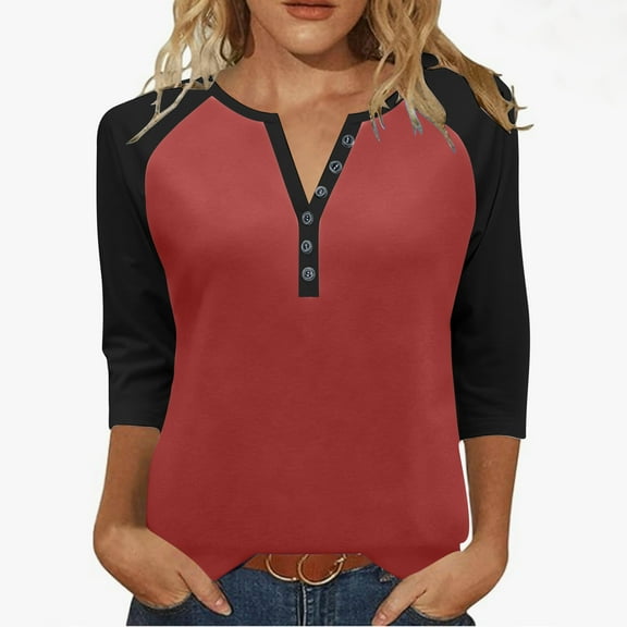 lulshou 3/4 Length Sleeve Womens Tops Button-Down V-Neck T-Shirt for Casual Wear, Soft Comfortable Everyday Top, Red, XXXL