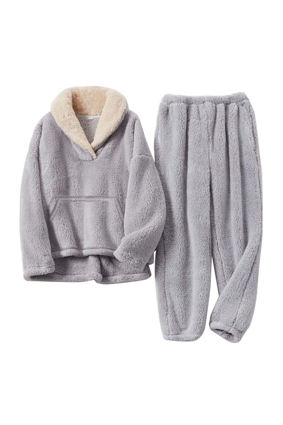 5-12Years Girls Boys Fleece Pants Sets Fuzzy 2 Piece Outfits Lapel Collar Pullover Sweatshirt Set Sweatsuit Homewear Pajamas Set Top + Pants on Clearance