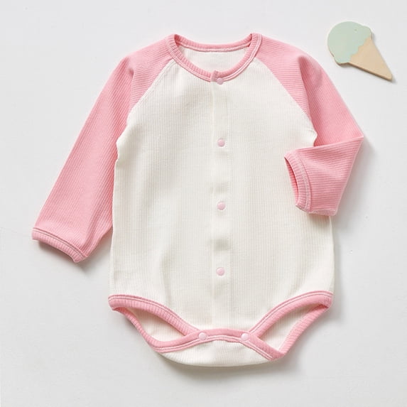 lulshou Baby Romper Male and Female Babies Bodysuit Color Block Button Knitted Long Sleeved Round Neck Jumpsuit on Clearance