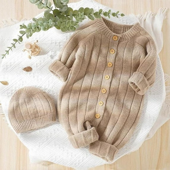 lulshou Baby Romper Toddler Baby Girls Boys Baby's Solid Color Knitted Warm Baby jumpsuit with Hat Bodysuit on Clearance