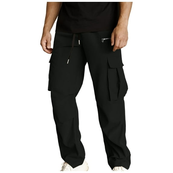 lulshou Cargo Pants for Men Solid Color Drawstring Elastic Waist Trousers Comfortable Work & Casual Pants, Black, L