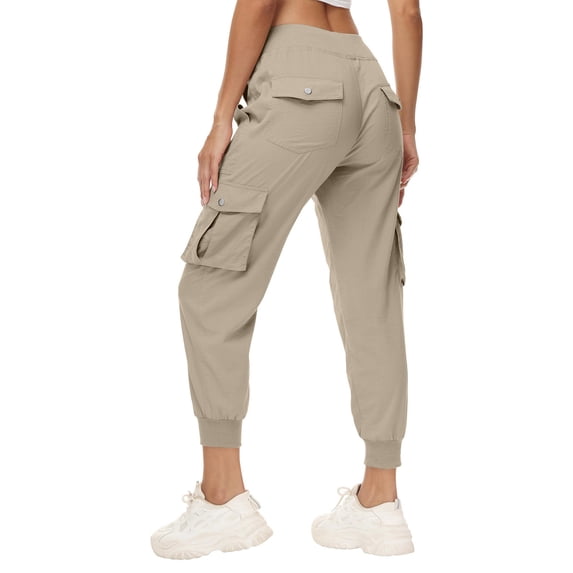 lulshou Cargo Pants Women Outdoor Hiking, Jogging & Travel Cargo Pants Lightweight Multiple Pockets Drawstring Cuffed Ankles Long Length Versatile for Street Style & Daily Wear, Khaki, S