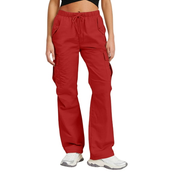 lulshou Cargo Pants Women Solid Color Loose-Fit Jogger Cargo Pants Drawstring Waist With Pockets, Casual Athletic, Versatile for Daily Wear & Workouts, Red, L