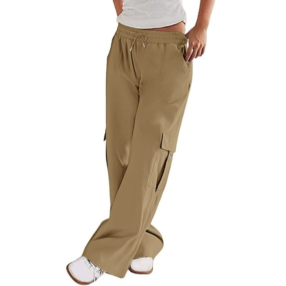 lulshou Cargo Pants Women Solid Color Low-Waisted Cargo Pants Elastic Waist Multiple Pockets Casual Long Pants, Khaki, M