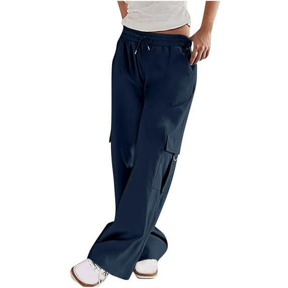 lulshou Cargo Pants Women Solid Color Low-Waisted Cargo Pants Elastic Waist Multiple Pockets Casual Long Pants, Navy, XL