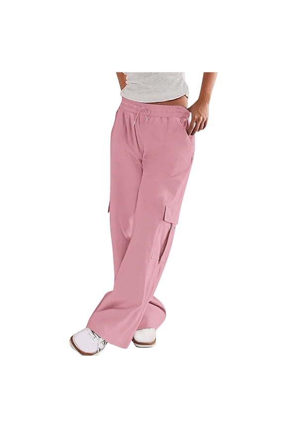 Cargo Pants Women Solid Color Low-Waisted Cargo Pants Elastic Waist Multiple Pockets Casual Long Pants, S