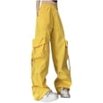 thumbnail image 1 of lulshou Cargo Pants Women Spring & Summer Solid Color High-Waisted Wide-Leg Cargo Pants Drawstring Waist for Daily Wear & Light Workouts, Yellow, L, 1 of 3