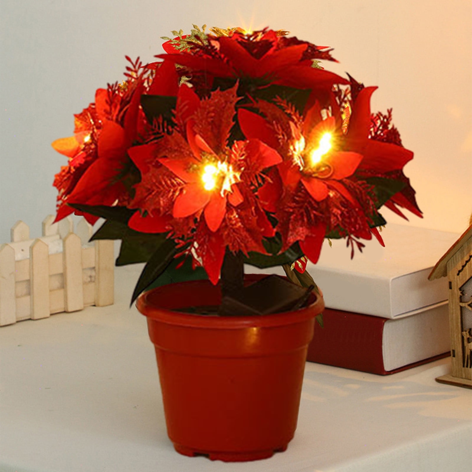 HO2NLE Christmas Artificial Flowers LED Lighted Poinsettias Pine Neddle  Potted Christmas Decorations Indoor Home Xmas Table Centerpieces Winter