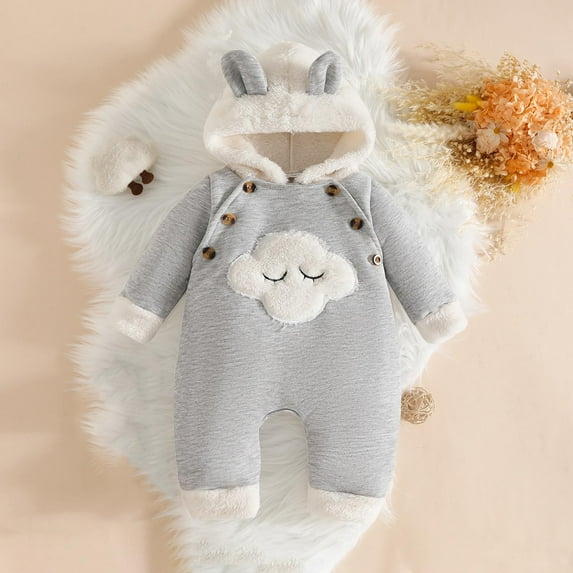 lulshou Fall and Winter Baby Romper, Cloud Embroidery Winter Outfit for Girls, Long Sleeve Hooded Jumpsuit for Infant Outerwear