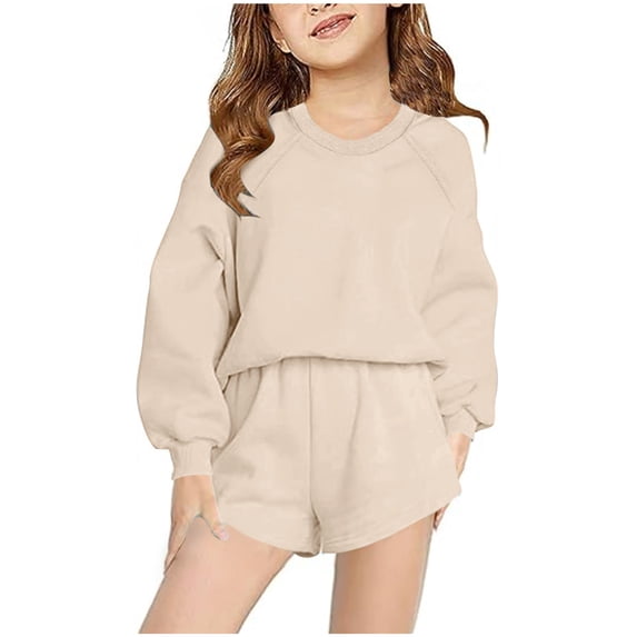 lulshou Fashionable Two-Piece Set Children's Boys Girls Long Sleeve Sweatshirt Tops and Pockets Shorts Two-piece Casual Sports Set Sweatshirt Set 3 Years, Beige