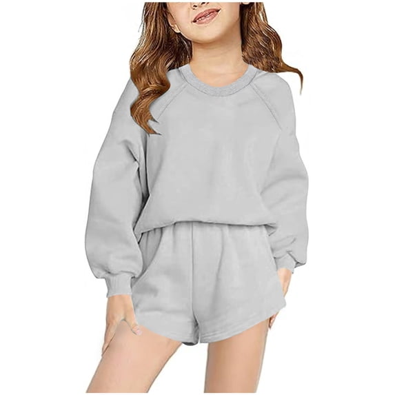lulshou Fashionable Two-Piece Set Children's Boys Girls Long Sleeve Sweatshirt Tops and Pockets Shorts Two-piece Casual Sports Set Sweatshirt Set 5 Years, Gray