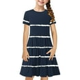 thumbnail image 1 of lulshou Girls' Dresses Toddler Kids Girls Cute Stripe Print Short Sleeve Stretchy Dress A Line Dress Navy, 1 of 7