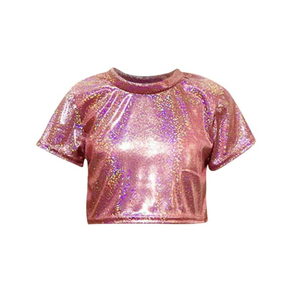 lulshou Girls Shirts Children's Performance Outfit Sequined Short Sleeved T-shirt with Exposed Waist and Navel Round Neck Elastic Top Summer Tops