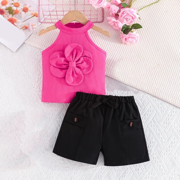 lulshou Girls Summer Clothes Girl's Flower Sleeveless Round Neck Top Solid Color Bow Shorts Two-piece Set