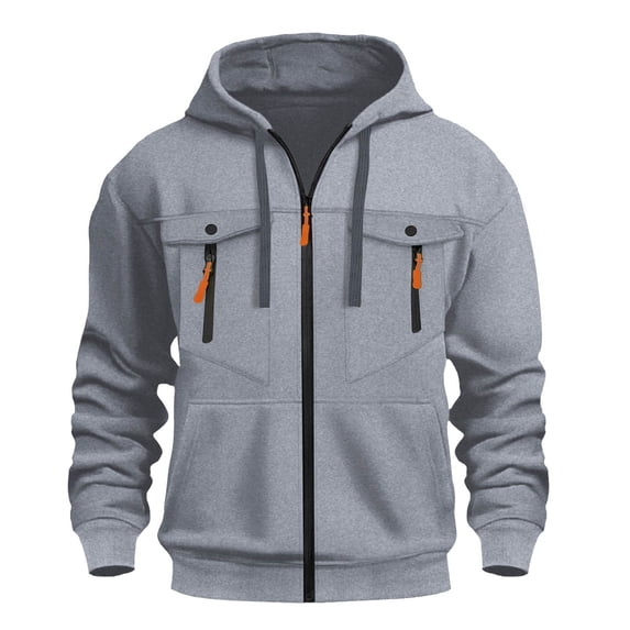 lulshou Hoodies for Men Casual Fashion Multi-Pocket Solid Color Full-Zip Top Long Sleeve Drawstring Hood Sweatshirt, Gray, L