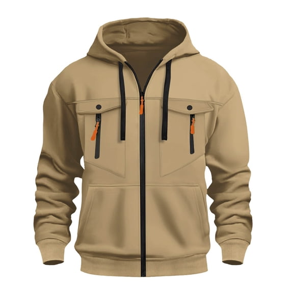 lulshou Hoodies for Men Casual Fashion Multi-Pocket Solid Color Full-Zip Top Long Sleeve Drawstring Hood Sweatshirt, Khaki, XL
